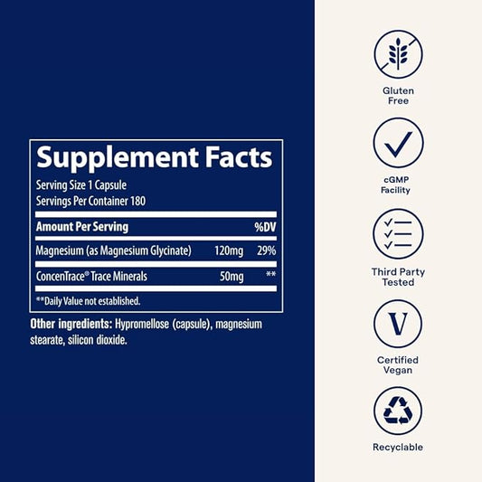 Trace Minerals Magnesium Glycinate 120mg - Bone Strength & Muscle Support - Magnesium Supplement to Aid Healthy Sleep Patterns & Relaxation - Support Nerve Function - 180 Capsules (180 Servings)