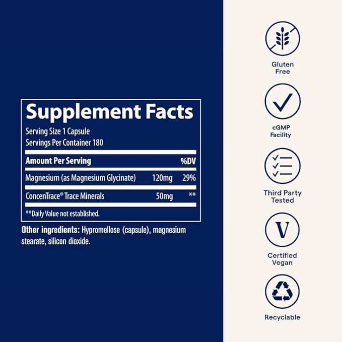 Trace Minerals Magnesium Glycinate 120mg - Bone Strength & Muscle Support - Magnesium Supplement to Aid Healthy Sleep Patterns & Relaxation - Support Nerve Function - 180 Capsules (180 Servings)