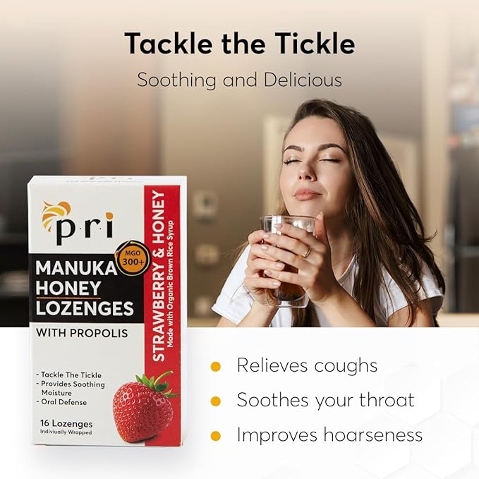 P.R.I Manuka Honey Lozenges with Propolis, Soothing Cough and Throat Drops, MGO 300+ Certified (Strawberry, 16 Count/2 Pack)