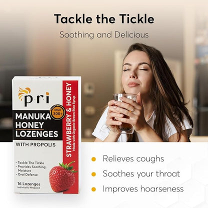 P.R.I Manuka Honey Lozenges with Propolis, Soothing Cough and Throat Drops, MGO 300+ Certified (Strawberry, 16 Count/2 Pack)