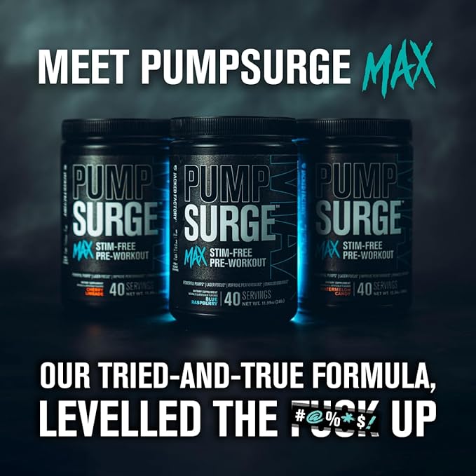Jacked Factory Pumpsurge Max Stim Free Pre Workout - High-Performance Caffeine Free Pre Workout with L-Citrulline, N03-T Arginine Nitrate & Glutathione - 40 Servings, Cherry Limeade