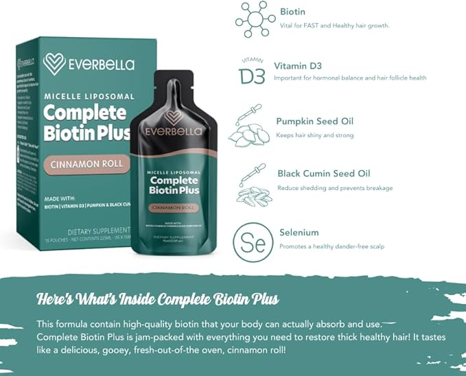Complete Biotin Plus, Cinnamon Roll Flavor, Liposomal Formula, Biotin, Pumpkin Seed Oil, Black Cumin Seed Oil, D3, Hair Health, 15 Day Supply