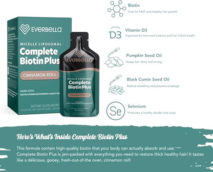 Complete Biotin Plus, Cinnamon Roll Flavor, Liposomal Formula, Biotin, Pumpkin Seed Oil, Black Cumin Seed Oil, D3, Hair Health, 15 Day Supply