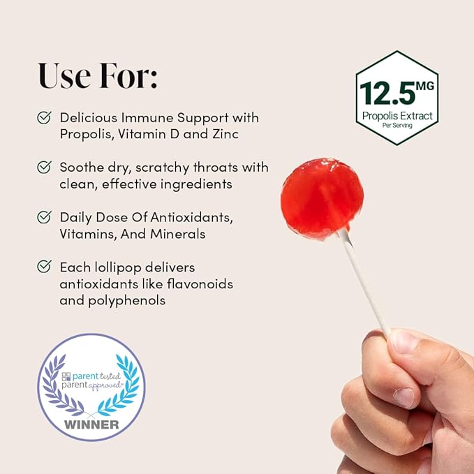 Kids Throat Soothing Watermelon Lollipops, by Beekeeper's Naturals - Doctor Formulated Immune Support, under 2g Sugar, Vitamin D & Honey, 15 ct