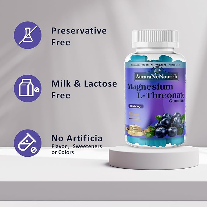 Magnesium L-Threonate Gummies with Apigenin L-Theanine Cat Claw Ginkgoo Biloba Fiber VIT D3 K2 B6 Coq10, Focus Memory Brain Support, Magnesium Threonate Gummies Sugar Free Keto Vegan - Blueberry
