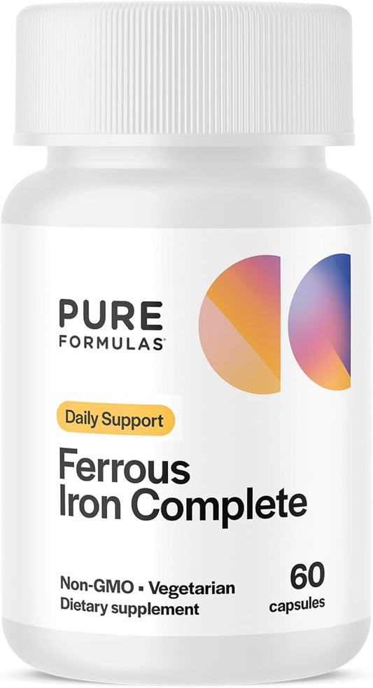 Ferrous Iron Complete: 29 mg Iron Supplement Iron with Vitamin C, Vitamin B12, B6, Thiamin and Folate Blood Support Supplement for Men & Women Without GI Side Effects - 60 Capsules