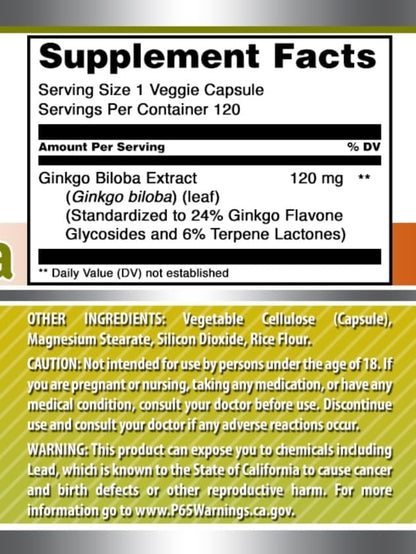 Amazing Formulas Ginkgo Biloba 120 Mg Supplement 120 Capsules | Standardized to Contain 24% Ginkgo Flavone Glycosides | Non-GMO | Gluten Free | Made in USA