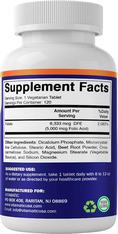 Vitamatic Folic Acid 5mg (5000 mcg) – 120 Vegetarian Tablets per Bottle | Pack of 2 (Total 240 Tablets) Vitamin B9 (Folate) | Supports Heart Health, Brain Function, and Prenatal Wellness