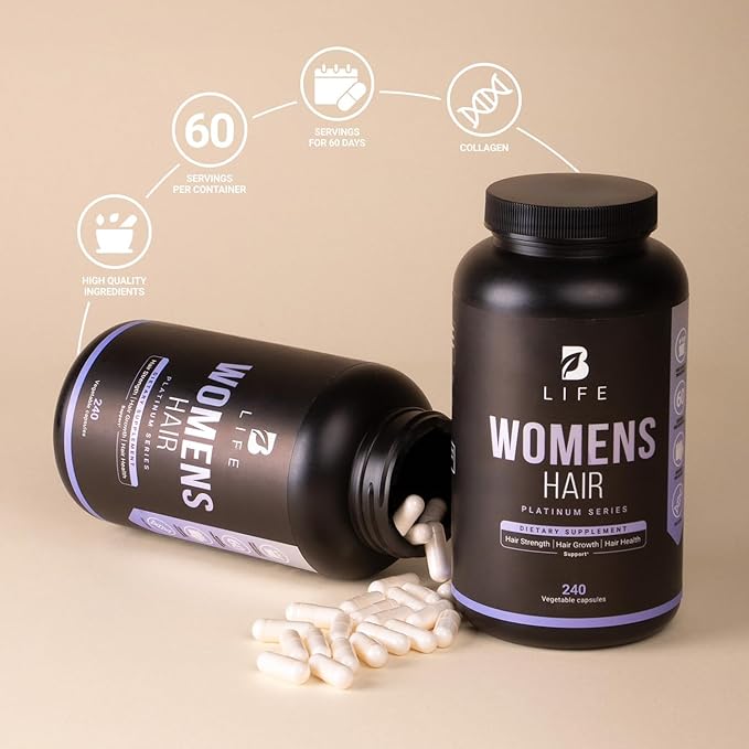 Women's Hair Growth Supplement with Natural Ingredients: Biotin, Hydrolyzed Collagen I & III and Amino Acids | 240 Caps - 60 Days - 10,000 mcg Biotin per Serving | Made in The USA by B Life.