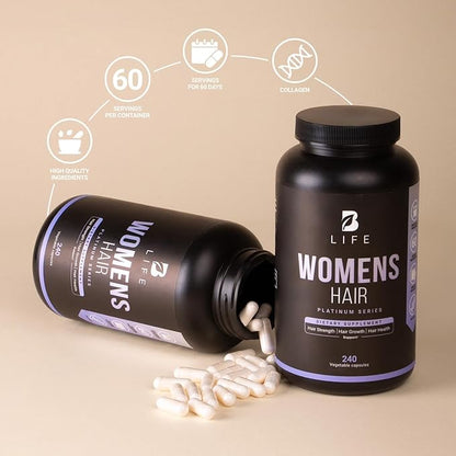 Women's Hair Growth Supplement with Natural Ingredients: Biotin, Hydrolyzed Collagen I & III and Amino Acids | 240 Caps - 60 Days - 10,000 mcg Biotin per Serving | Made in The USA by B Life.