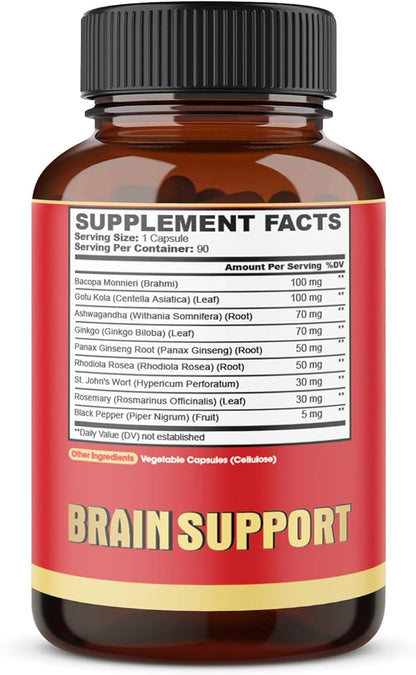 9in1 Brain Support Supplement - Concentrated Ashwagandha Root, Gotu Kola Powder, Bacopa Monnieri Powder and More - 90 Capsules - 3-Month Supply