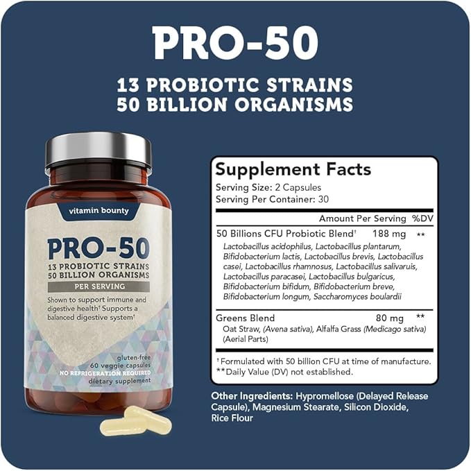 Vitamin Bounty Pro-50 Probiotics for Women Digestive Health | 50 Billion CFU & 13 Strains | SBO Synbiotic Formula Delayed Release Capsule+Prebiotic Greens for Immune Support – for Women & Men | 60cap