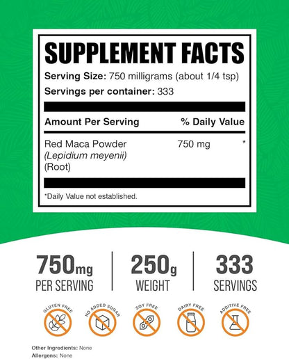 BulkSupplements.com Red Maca Powder - Maca Supplement. Red Maca Powder for Women & Men, Red Maca Root Powder - Vegan & Gluten Free, 750mg per Serving, 250g (8.8 oz) (Pack of 1)