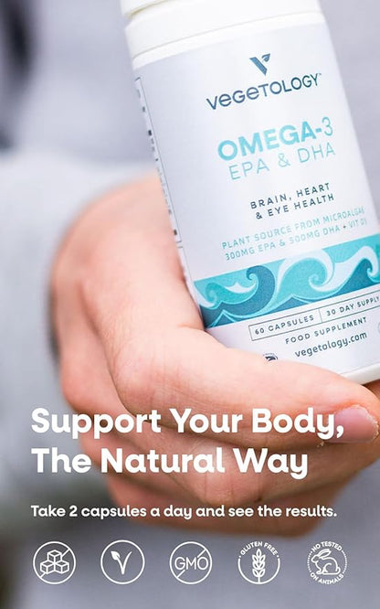 Vegan Omega 3 Supplement (60 Capsules) – Omega-3, EPA, Vitamin D3 & DHA Supplements - Algae Omega 3 Vegan Supplements for Brain, Eye, & Heart Health – Omega 3 for Kids & Adults