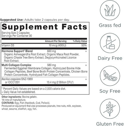 Ancient Nutrition Hormone Balance + Collagen Supplement, Hydrolyzed Collagen Peptides, Key Clinically Validated Ingredient to Support Balanced Hormones and Boost Energy, 60 Capsules