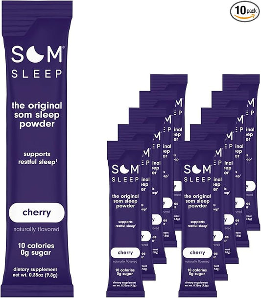 Som Sleep, Restful Sleep Powder Drink Mix w/Melatonin, Magnesium, Vitamin B6, L-Theanine & GABA – Vegan, Zero Sugar, Keto Friendly – Cherry, 10-Pack