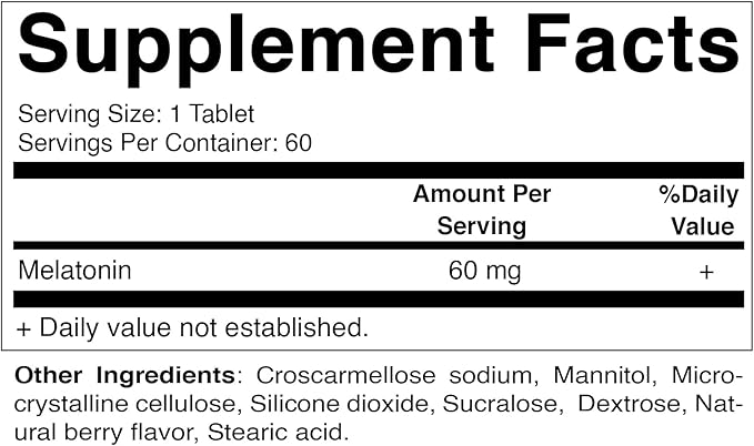 Vitamatic Melatonin 60 mg Fast Dissolve Tablets - 60 Vegan Natural Berry Flavor Tablets - Non-Habit Forming - Non-GMO, Gluten Free (1 Bottle)