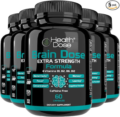 Brain Dose Premium Nootropics - Caffeine-Free Extra Strength Formula for Men & Women - Supports Brain Health, Cognitive Focus & Memory Retention, Pack of 5.