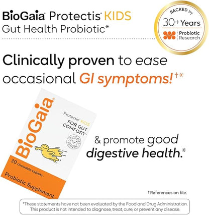 BioGaia Protectis Chewable Tablets for Toddlers, Kids, and Teens Occasional Stomach Pain, Constipation, Diarrhea, and Regularity, 30 Tablets, 2 Pack
