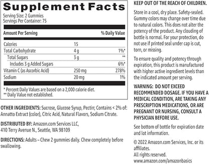 Amazon Basics Vitamin C 250 mg Gummies, Orange, 150 Count (2 per Serving), Immune Health (Previously Solimo)