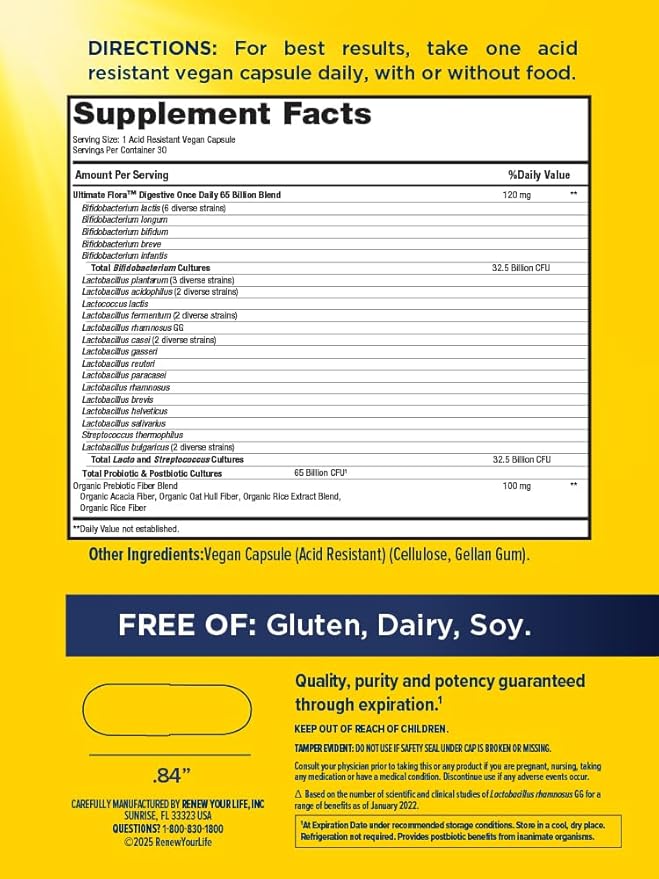 Digestive Ultimate Flora Probiotics 65 Billion CFU Delayed Release Vegan Capsules | Once Daily | Digestive Health | Immune Health | Dairy Free | 30 Count