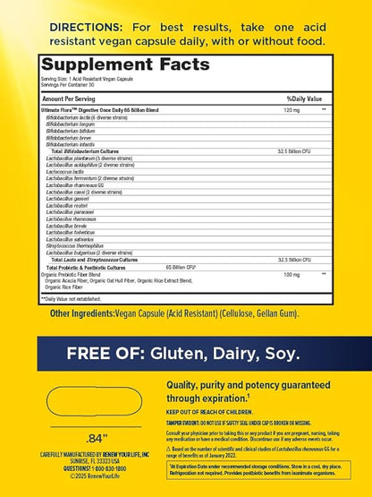 Digestive Ultimate Flora Probiotics 65 Billion CFU Delayed Release Vegan Capsules | Once Daily | Digestive Health | Immune Health | Dairy Free | 30 Count