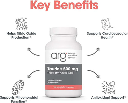 Allergy Research Group Taurine 500mg Supplement - Cardiovascular Support, Free Form Amino Acid, Pure, Organic, Vegetarian Capsules - 100 Count