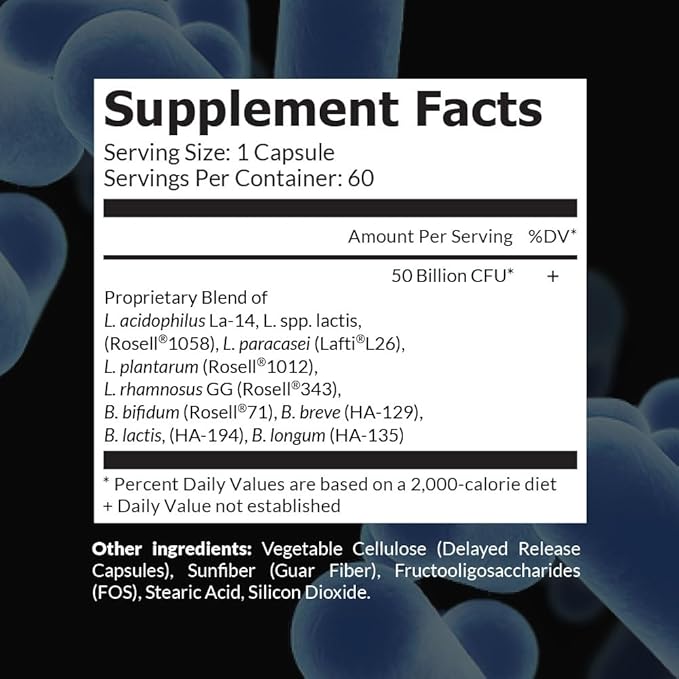 Intelligent Labs 50 Billion CFU Probiotic with Prebiotics, No Refrigeration Needed, with Sunfiber and FOS for 10x More Effectiveness, 60 Days Supply Per Bottle, Third-Party Verified for Purity