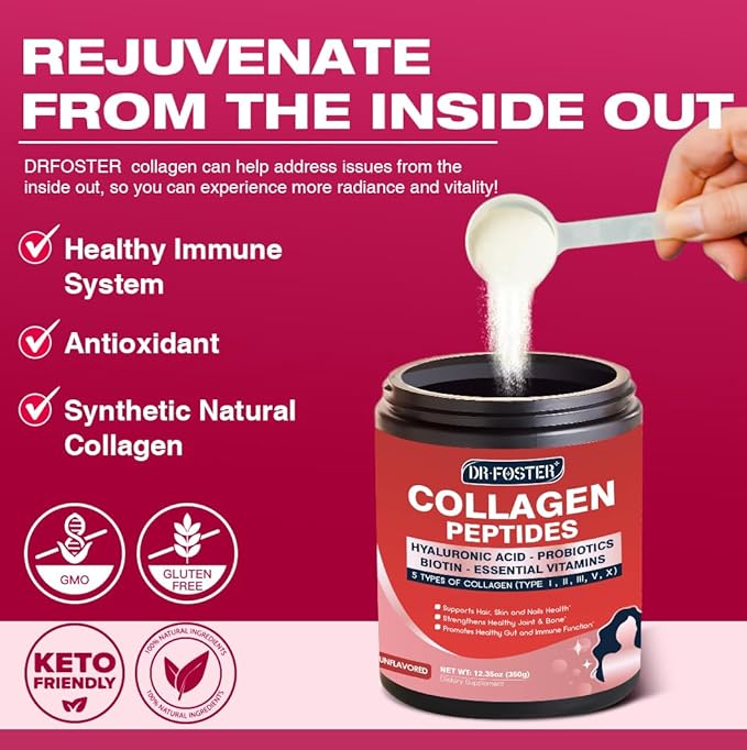 Multi Collagen Peptides Powder with Probiotics - Type I II III V X - Hydrolyzed Collagen Peptides with Multivitamins, Hyaluronic Acid & Biotin - Support Skin Hair Nail Joints & Gut, 35 Servings