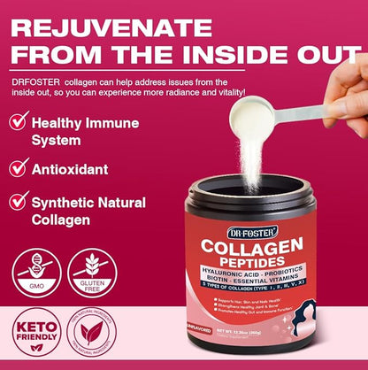 Multi Collagen Peptides Powder with Probiotics - Type I II III V X - Hydrolyzed Collagen Peptides with Multivitamins, Hyaluronic Acid & Biotin - Support Skin Hair Nail Joints & Gut, 35 Servings