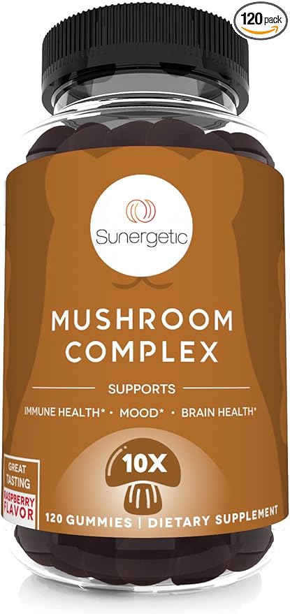 Sunergetic Premium Mushroom Gummies Supplement -for Immune Health, Brain, Mood & Stress Support - Mushroom Blend with Lions Mane, Chaga Extract, Reishi, Turkey Tail, Cordyceps (120 Gummies)