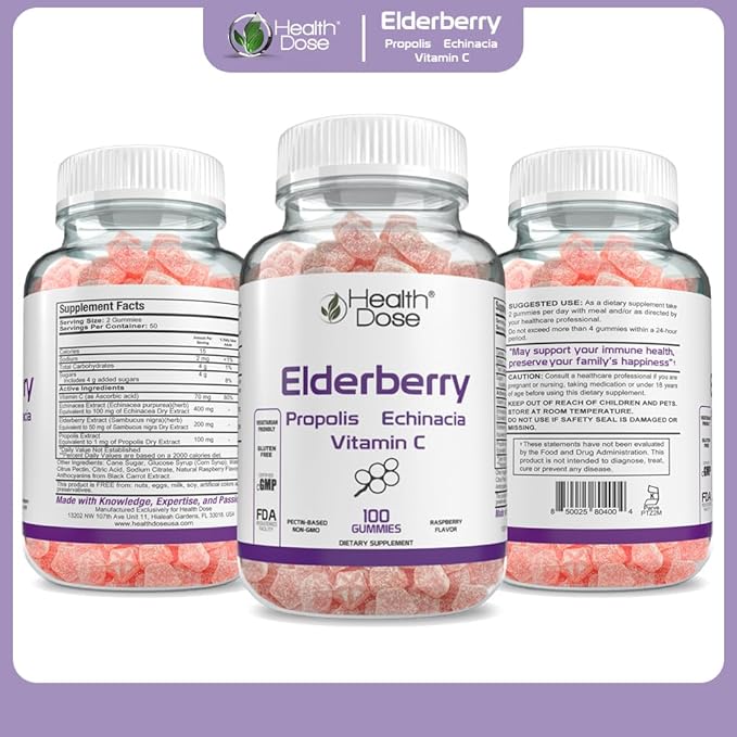 Elderberry Sambucus Gummy Vitamins Kids 100 Gummies. with Propolis Extract, Echinacea, Vitamin C, Yummy Raspberry Flavor, Vegan, Gluten-Free, Defense, Immune Support Booster, Pack of 5.