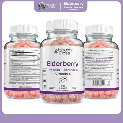 Elderberry Sambucus Gummy Vitamins Kids 100 Gummies. with Propolis Extract, Echinacea, Vitamin C, Yummy Raspberry Flavor, Vegan, Gluten-Free, Defense, Immune Support Booster, Pack of 5.