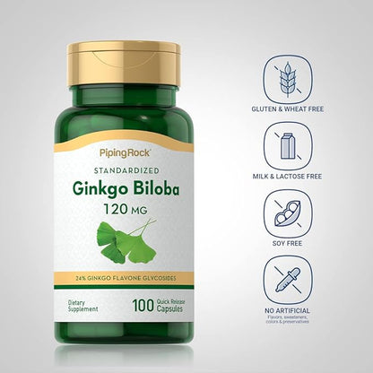 Piping Rock Ginkgo Biloba Supplements 120mg | 100 Capsules | Standardized Extract | Non-GMO, Gluten Free