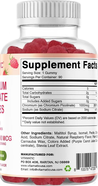 Vitamatic Chromium Picolinate 1000 mcg - 90 Gummies - High Potency Chromium - Raspberry Flavor (Total 180 Gummies) 2 Packs