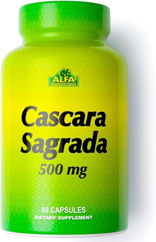 Alfa Vitamins Cascara Sagrada Herbal Supplement 500 MG - Helps Support Digestive System Function - Promotes Regularity - Detox/Cleanse - Supports Healthy Colon - 60 Capsules