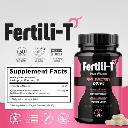 Fertili-t Female (90 Caps) Natural Fertility Support, Hormonal Balance & Prenatal Vitamins for Women, Conception Support, Natural Fertility Supplement with Aguaje & Red Maca (30-Day Supply) (1)