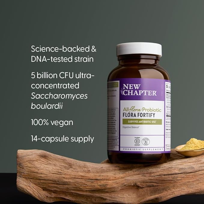 New Chapter All-Flora Probiotic Flora Fortify, Ultra-Concentrated Probiotics for Digestive Health, Survives Antibiotic Use, with Electrolytes + Inulin Prebiotic Fiber, 100% Vegan, 14-Day Supply