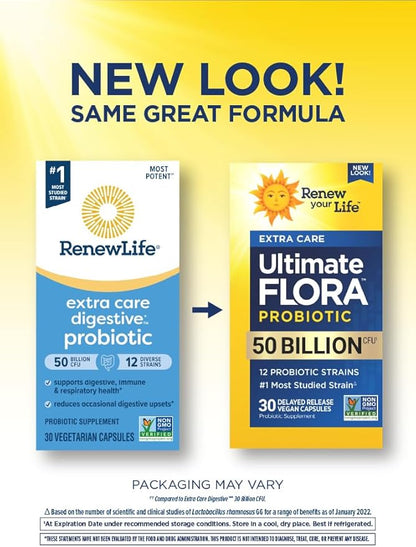 Ultimate Flora Probiotics 50 Billion CFU Delayed Release Vegan Capsules | Extra Care | Digestive Health | Immune Health | Dairy Free | 30 Count