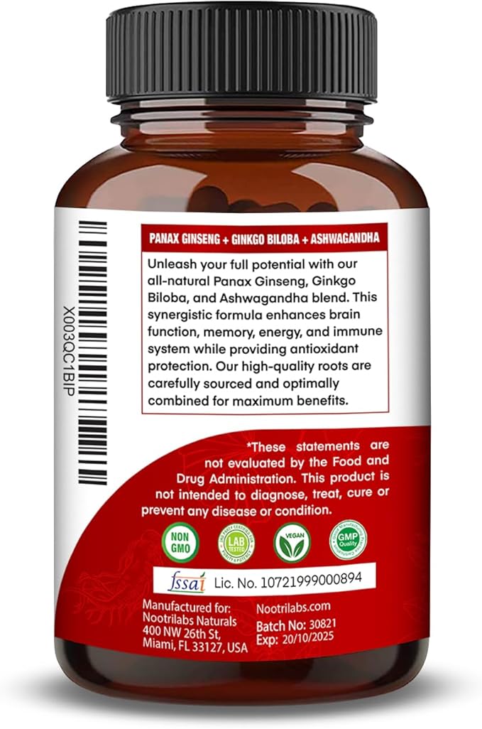 Korean Red Panax Ginseng 750mg Highest Potency with Ginkgo Biloba and Ashwagandha, Boost Energy, Memory, and Immune System - Focus Supplement Pills for Men and Women, 90 Vegan Capsules