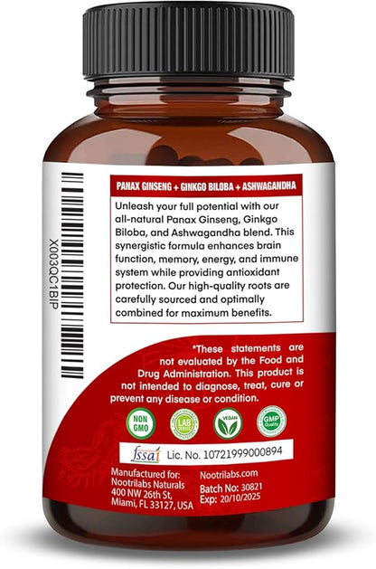Korean Red Panax Ginseng 750mg Highest Potency with Ginkgo Biloba and Ashwagandha, Boost Energy, Memory, and Immune System - Focus Supplement Pills for Men and Women, 90 Vegan Capsules