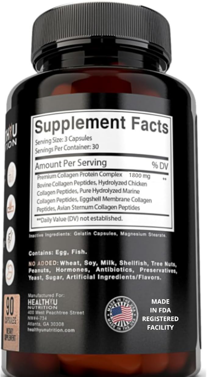 Premium Multi Collagen Peptides Pills - Hydrolyzed Collagen Capsules for Men and Women Types 1 2 3 5 10 - Collagen Supplements for Men - Colageno Hidrolizado Pastillas para Hombre Mujer 90 caps