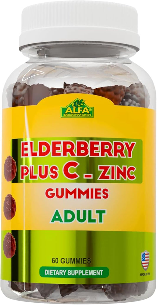 ALFA VITAMINS Elderberry + Vitamin C & Zinc Gummies Promotes Healthy Immunity - Supports Brain Function - Antioxidants - 60 Gummies