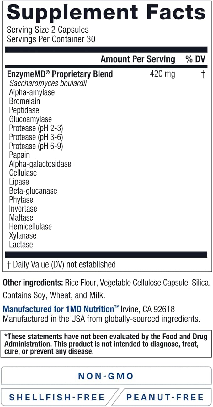 1MD Nutrition EnzymeMD - Digestive Enzymes Supplement - Doctor Formulated | 18 Plant-Based Enzymes - Gas & Bloating Support | 120 Capsules (2-Pack)
