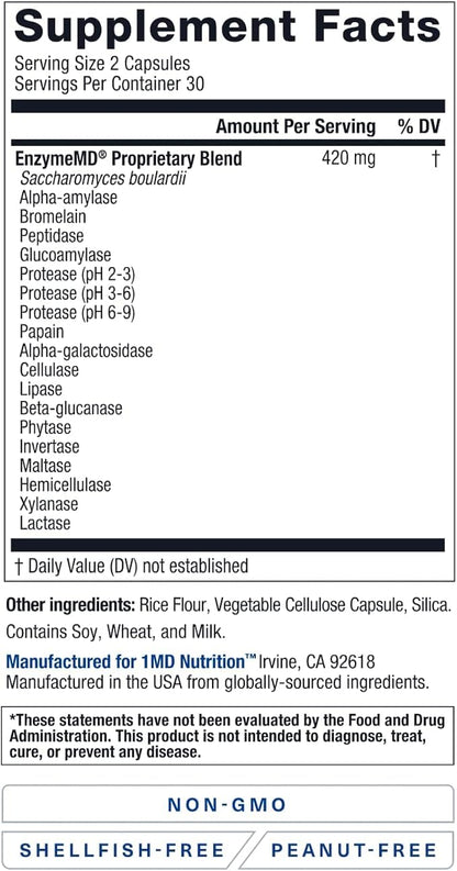 1MD Nutrition EnzymeMD - Digestive Enzymes Supplement - Doctor Formulated | 18 Plant-Based Enzymes - Gas & Bloating Support | 60 Capsules