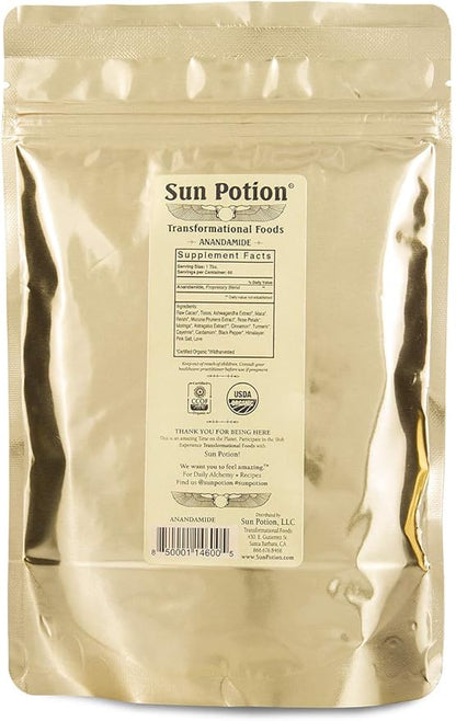 Organic Anandamide 222g by Sun Potion - Raw Unsweetened Cacao Powder and Tonic Herbs - Includes Tocos Ashwagandha Reishi Maca Moringa Turmeric Astragalus Cayenne Cinnamon and Others