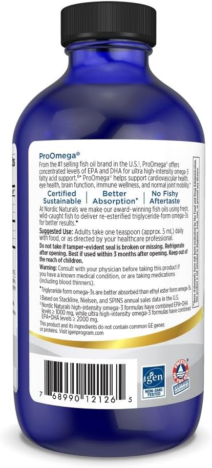 Nordic Naturals ProOmega Liquid, Lemon Flavor - 8 oz - 2840 mg Omega-3 - High Potency Fish Oil with EPA & DHA - Promotes Brain, Eye, Heart, & Immune Health - Non-GMO - 48 Servings