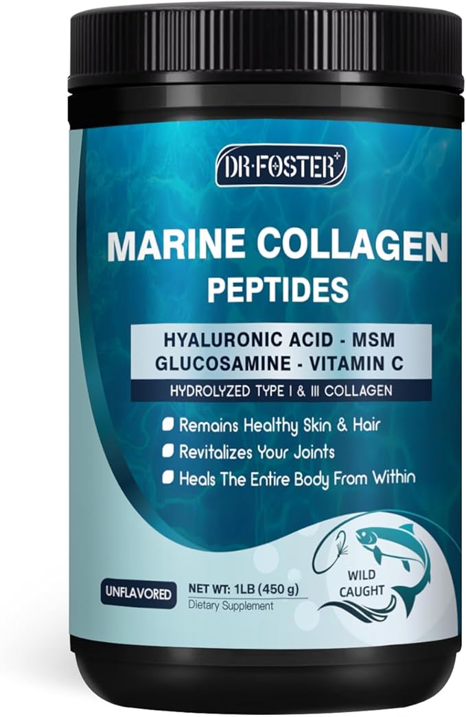 Marine Collagen Peptides Powder with MSM + GC, Multi Type I & III Collagen with Hyaluronic Acid, Vitamin C & E for Skin, Hair & Nails, Wild-Caught Fish, 45 Servings