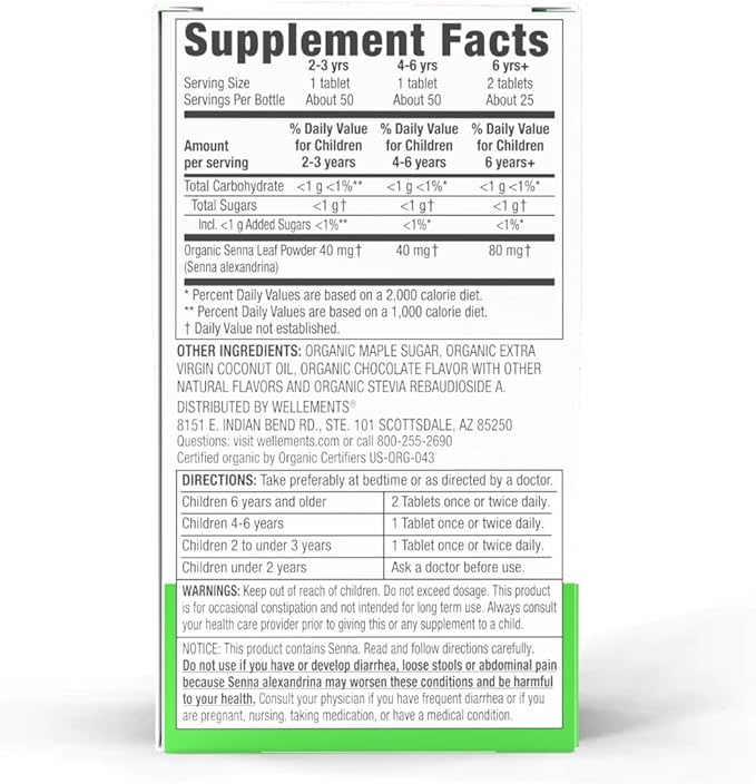 Wellements Organic Children's Laxative, Gentle Constipation Relief for Kids, Made with Organic Senna Leaf, USDA Certified Organic and Non-GMO, Free from Gluten, Artificial Colors and Flavors, Ages 2+