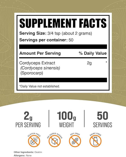 BulkSupplements.com Cordyceps Mushroom Extract Powder - Cordyceps Sinensis, Mushroom Supplement - Vegan & Gluten Free, 2g per Serving, 100g (3.5 oz) (Pack of 1)